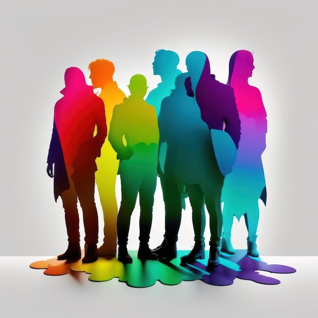 A colorful picture of a group of people with the colors of the rainbow on them.