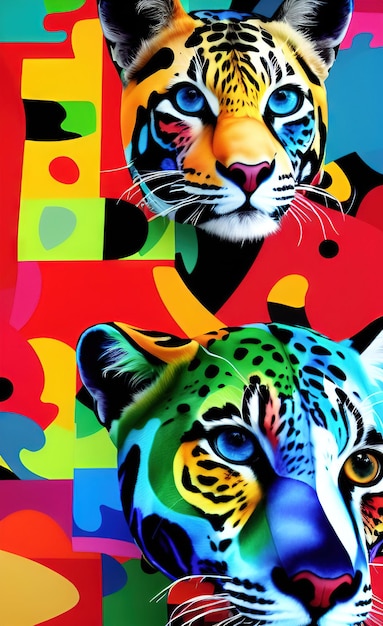 A colorful picture of a leopard and a tiger