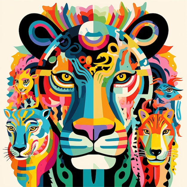 "지라프"라는 단어가 새겨진 사자의 다채로운 그림