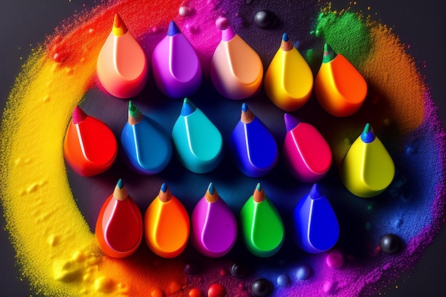 A colorful picture of many colored pencils with the word rainbow on the bottom.