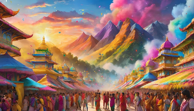 a colorful picture of a mountain with a mountain in the background