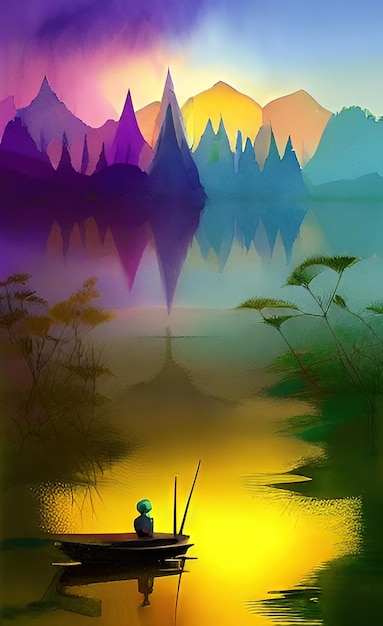 A colorful picture of mountains and trees with a lake in the background.