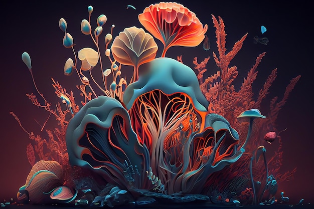 A colorful picture of mushrooms and mushrooms with a black background.