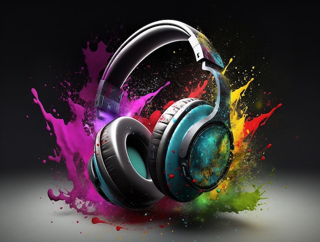 A colorful picture of a pair of headphones with the word music on it.