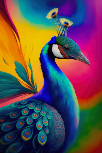 A colorful picture of a peacock with a rainbow background.