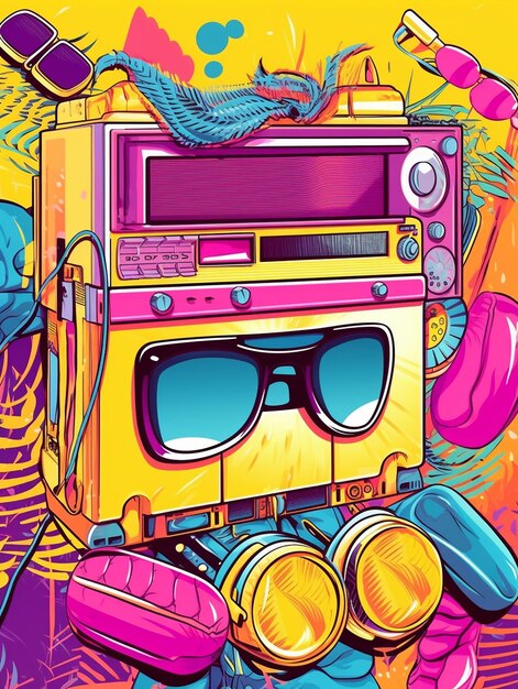a colorful picture of a radio with sunglasses on it.