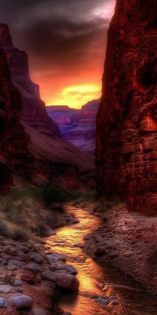 A colorful picture of a river in a canyon