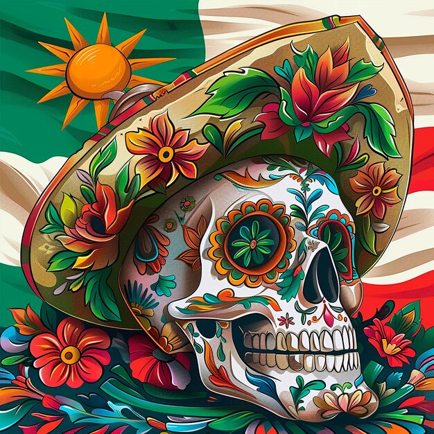 a colorful picture of a skull wearing a hat with flowers and a sun on it