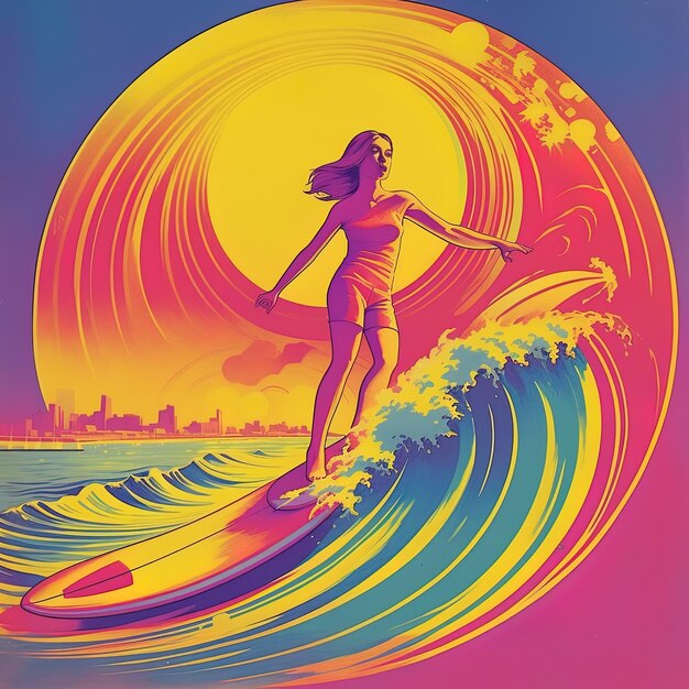 Foto una foto colorata di un surfer su uno sfondo colorato con un surfer che cavalca un'onda