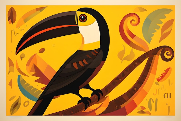 A colorful picture of a toucan with yellow tropical background