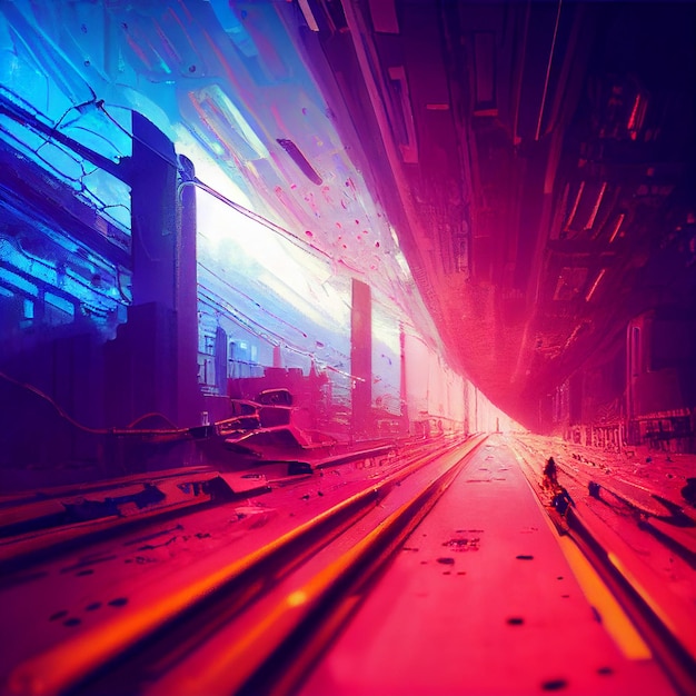 A colorful picture of a train track with a red light behind it.