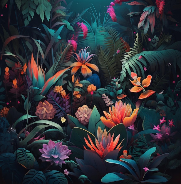 A colorful picture of a tropical forest with a flower on it