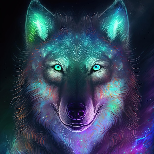 A colorful picture of a wolf with blue eyes and a black background.