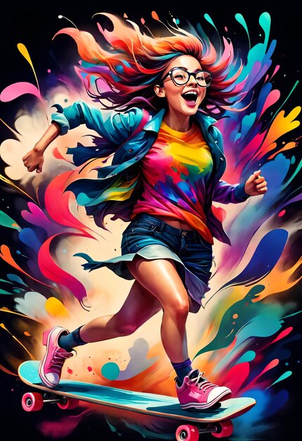 안경과 다채로운 셔츠를 입은 여성의 다채로운 사진으로 "그녀는 행복합니다"라고 적혀 있습니다.