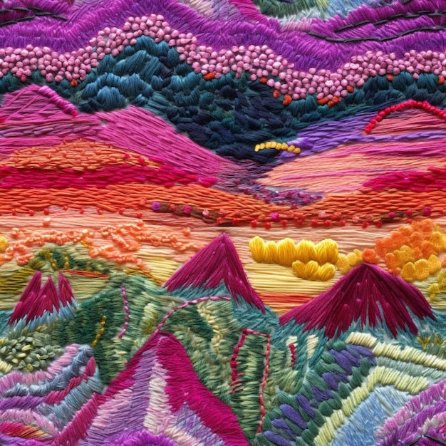 A colorful piece of fabric with a mountain landscape in the background