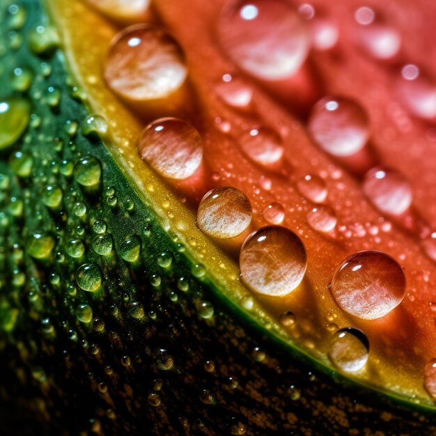 A colorful piece of fruit with water droplets on it