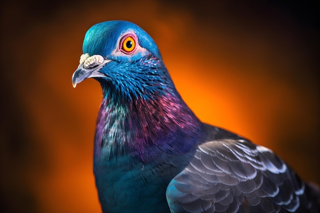 A colorful pigeon with a blue and purple head and orange eyes.