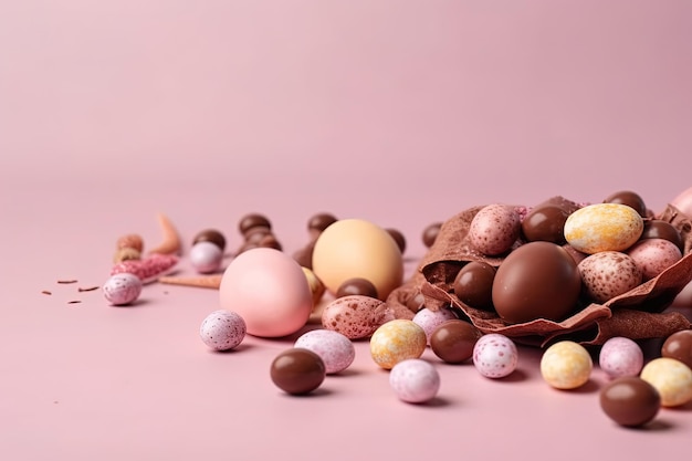나무 테이블에 다채로운 부활절 초콜릿 달걀 더미 Generative AI