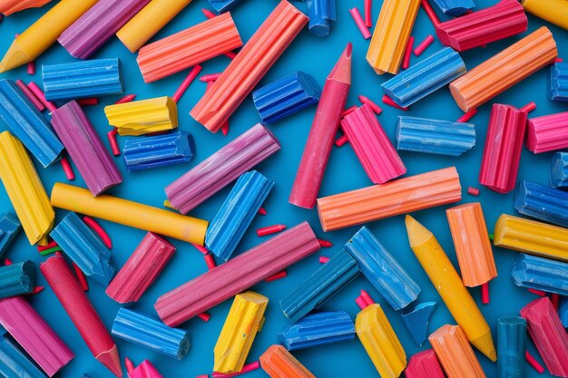 A colorful pile of crayons and pencils on a blue background