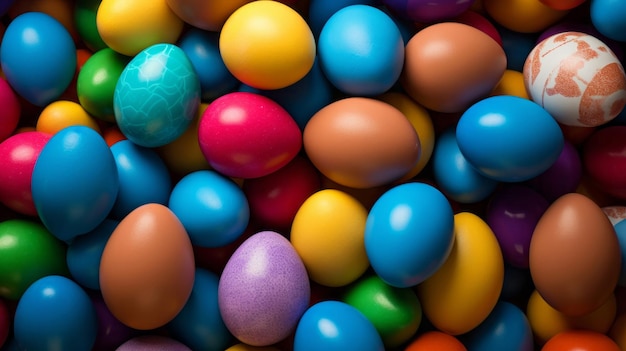 Colorful pile of easter eggs top down view full frame festive background banner