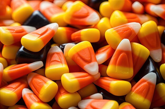 A colorful pile of halloween candy corn up close