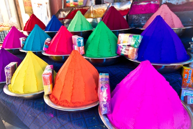 Colorful piles of powder sold on the market before Holi festival, Mysore, India