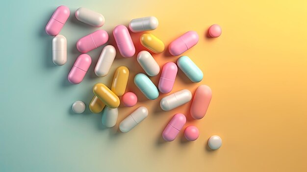 A colorful pill bottle is on a yellow and blue background.