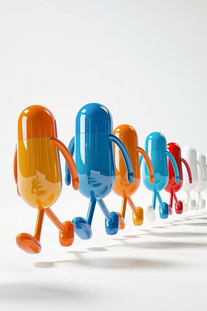 Colorful pill capsules with legs walking in line