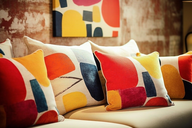 A colorful pillow on a bed with a painting on the wall behind it.
