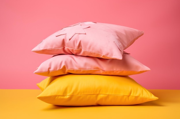 Photo colorful pillows on a yellow and pink background minimalism