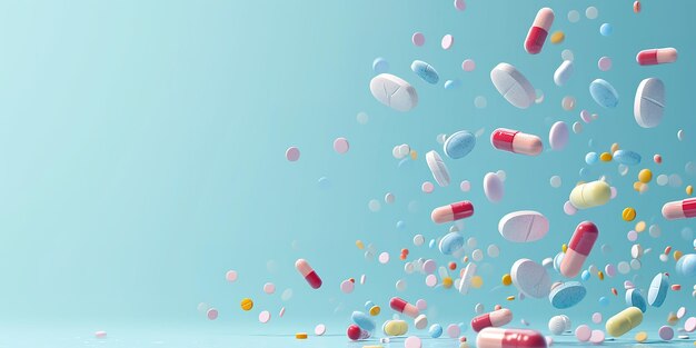 Фото Красочные таблетки и капсулы, падающие на синий фон концепция здравоохранения и фармацевтики