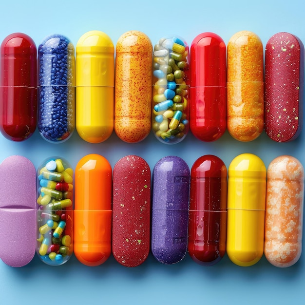 Colorful pills arranged in a rainbow gradient overhead perspective