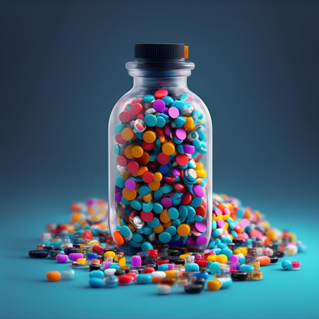 Colorful pills in a bottle on a blue background 3d rendering