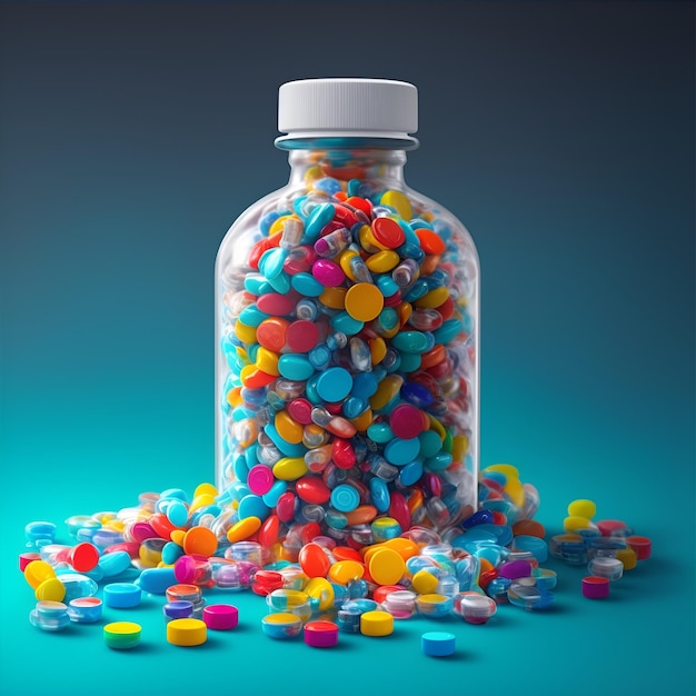 Colorful pills in a bottle on a blue background 3d rendering