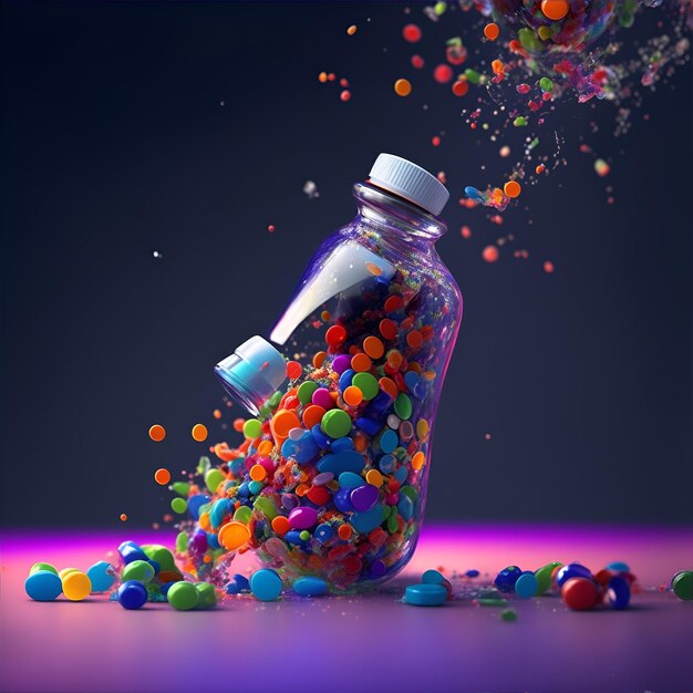 Colorful pills in a bottle on a blue background 3d rendering