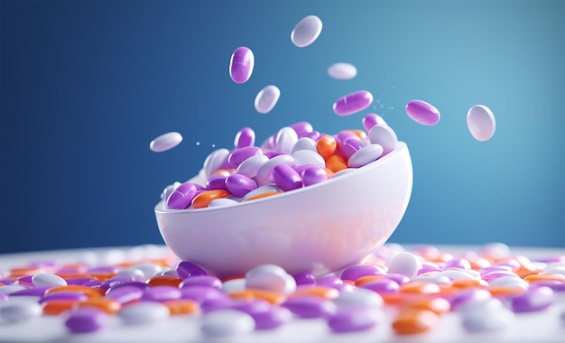 Colorful pills in a bowl on blue background 3d rendering