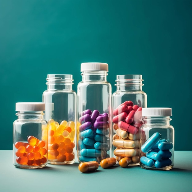 Colorful pills and capsules in glass bottles on turquoise background