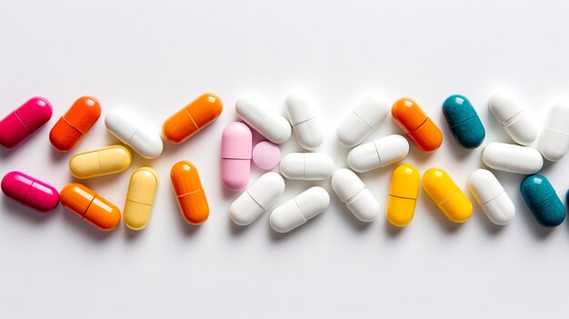 colorful pills and capsules on white background