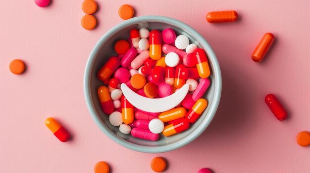 Colorful pills and capsules with smiley face in bowl on pink background