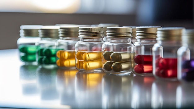 Colorful pills in glass bottles on table Focus on foreground