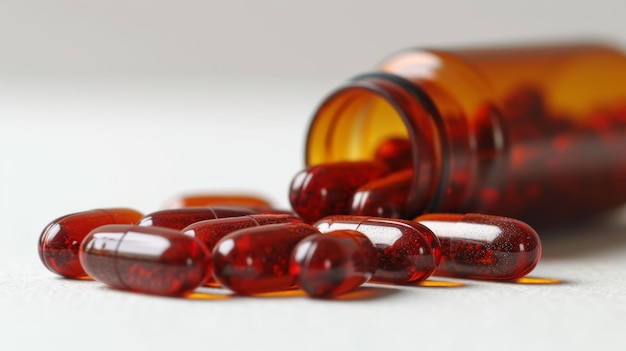 Colorful pills in a glass jar close up view Medicine bottle