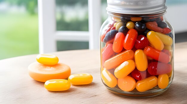 Colorful pills in glass jar