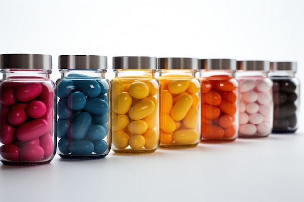 Colorful pills in glass jars standing on white background