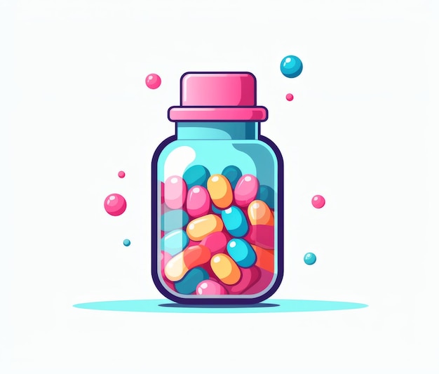 Colorful pills in a jar on a white background