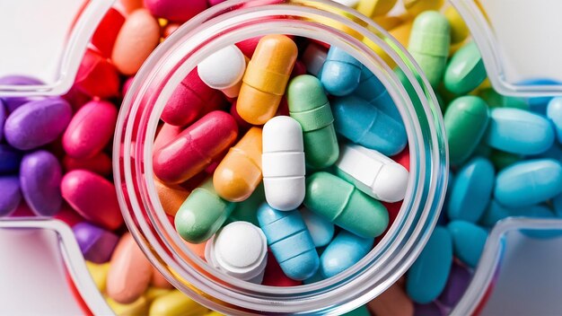 Colorful pills and plastic bottle