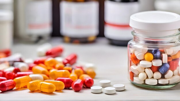 Photo colorful pills spilling out of pill bottle on white wooden table