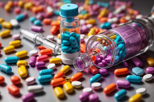 colorful pills and syringe