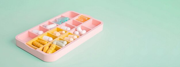 薬箱に並べられたカラフルな錠剤とビタミン 生成された Ai