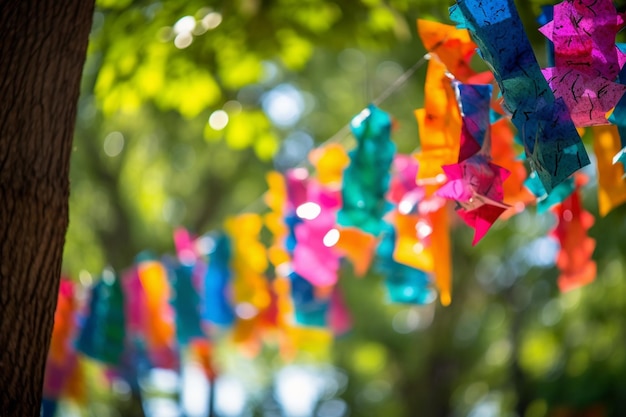 Colorful pinatas hanging from trees Latin party