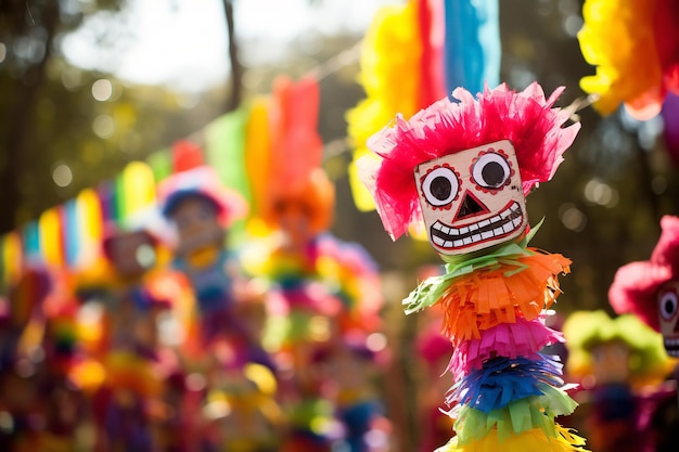 メキシコのお祭りで色とりどりのピニャータ